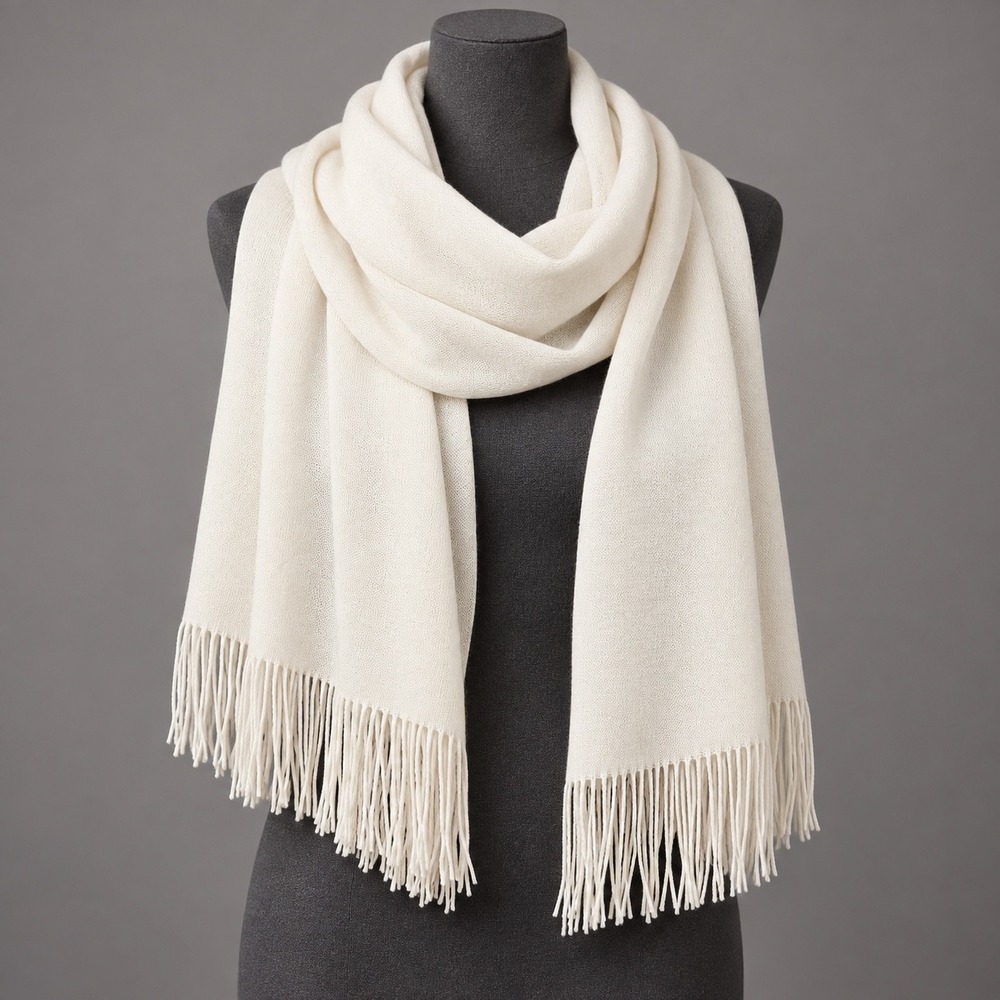 Cream Knit Fringe Wrap Scarf Neutral Minimalist Boho Layering Shawl 62x25